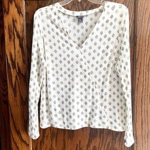 EDDIE BAUER Wms XL Stretch Gauze Crossover Long Sleeve V-Neck Top Ivory/Gold